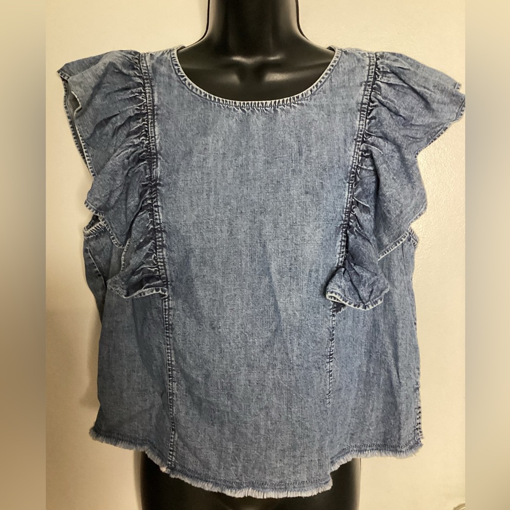 GAP 1969 Denim Ruffle Sleeve 100% Cotton Blouse L